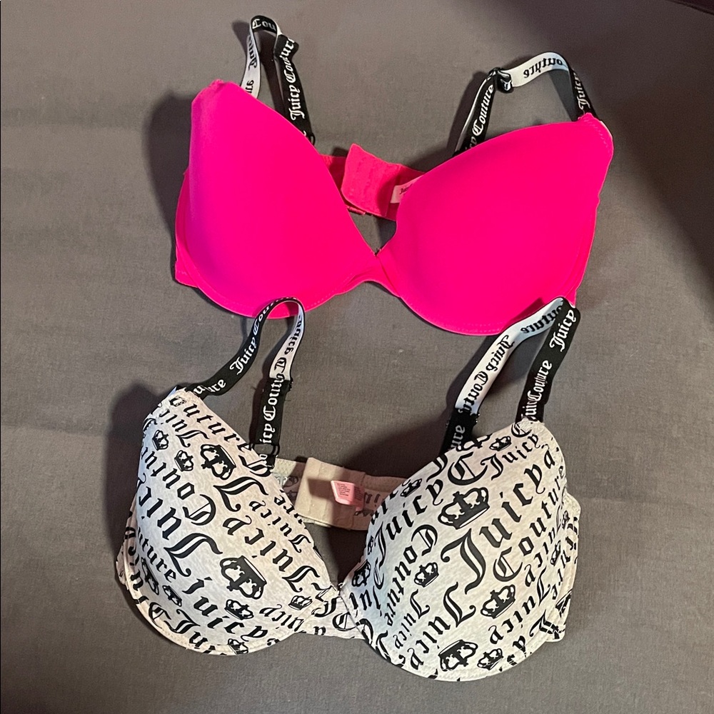 Juicy Couture Bright Pink and Black Monogram Print Bras 36DD Like New!